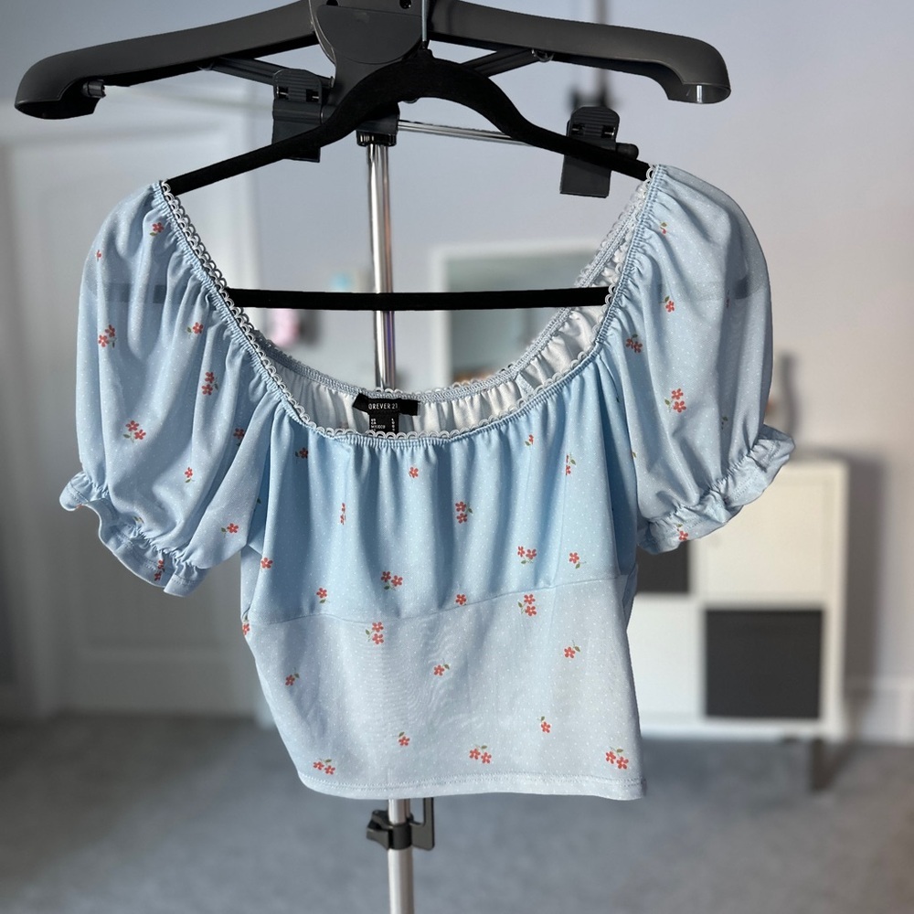 ✨Forever 21 Light Blue Floral Puff Sleeve Crop Top | Large - Picture 2 of 5
